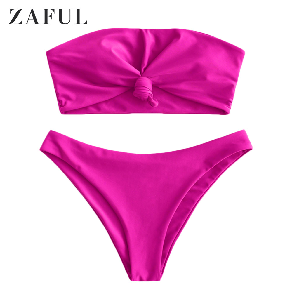 ZAFUL for Women Knot Solid Bandeau Bikini Set Hot Pink S