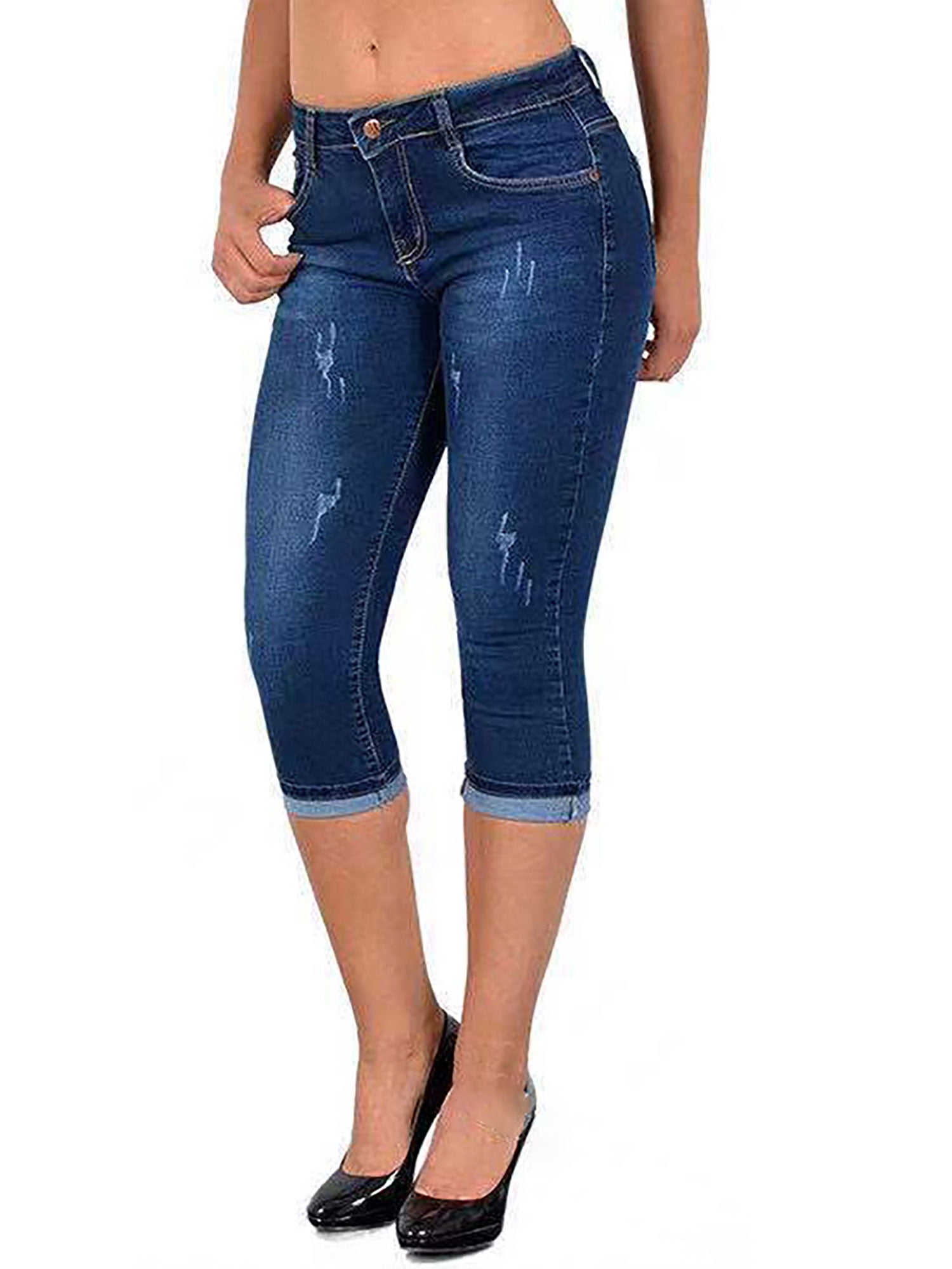 Lumento Ladies Denim Pants Solid Color Capri Jeans Zipper Capris Women Fashion Trousers Stretch