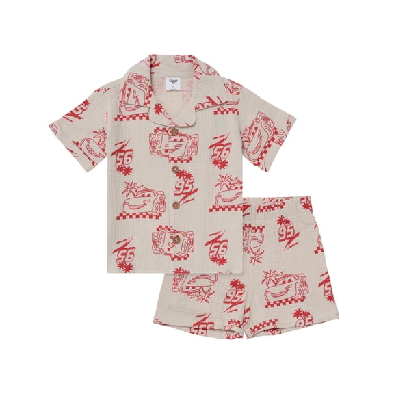 Disney Cars 2 Piece Boys Cotton Gauze Matching Outfit Toddler to Little Kids Sizes (Beige, 6)