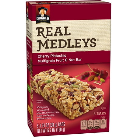 Quaker Real Medleys Cherry Pistachio Multigrain Fruit ; Nut Bars, 1.34 oz, 5 count