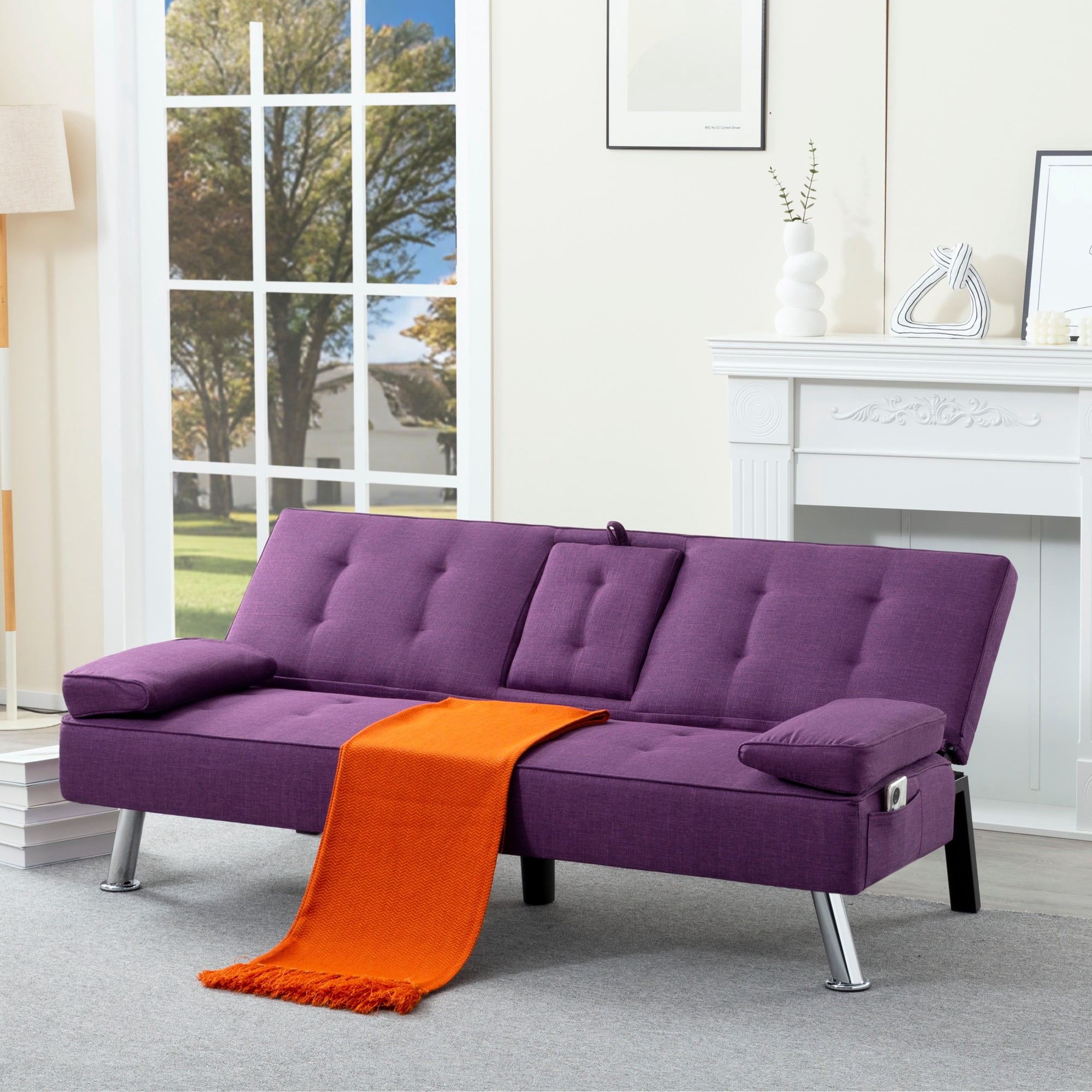 BSHTI 69.49" Fabric Convertible Futon Sofa Bed with Drop-Down Console, 2 Cup Holders, 5-Position Backrest, Side Pocket for Living Room（Purple）