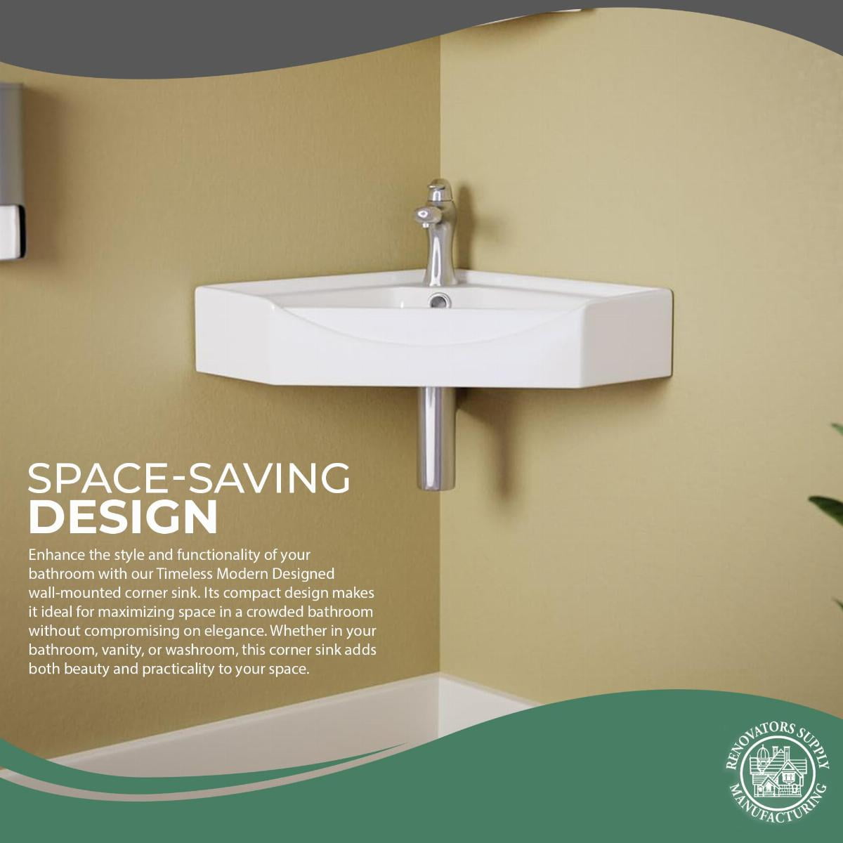 Modern Wall Mount Bathroom Corner Sink Alexander II White Porcelain Sink w/Overflow Renovators Supply
