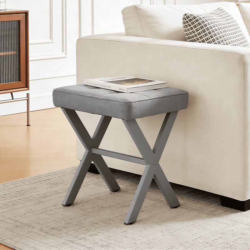 Linen Ottoman, 18" Makeup Vanity Stool, Small Square Padded Footrest for Bedroom, Living Room,Gray