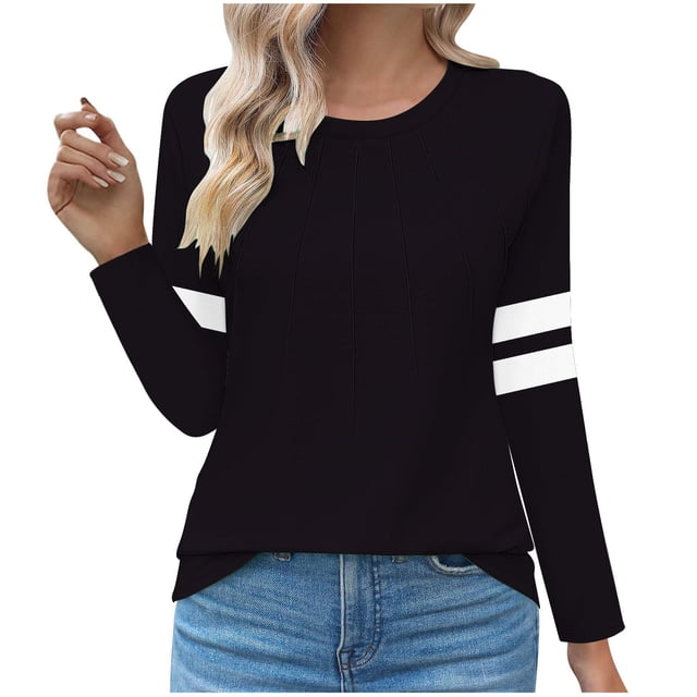 Lenpel T-Shirts pour Femmes à Rayures à Manches Longues Col Ras du Cou devant Plissé Tunique Habillée Décontractée Hauts Amples Tee Blouses(Noir,Très Grand)