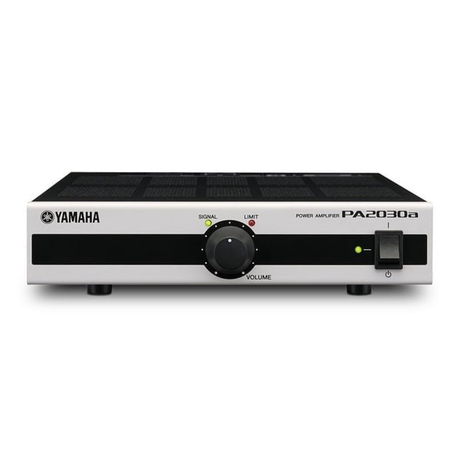 amplificador mezclador ma2030 yamaha 2 canales yamaha dsp interfaz fácil uso frontal del amplificador compacto negro con una perilla de volumen central, LED indicador verde, botón de encendido a la derecha y logo Yamaha a la izquierda; carcasa metálica ventilada arriba; soporta 2 micrófonos, 3 entradas estéreo y salida Lo-Z 30W/Hi‑Z 60W. A menudo usado para sonorización en tiendas o salones pequeños por su montaje compacto.
