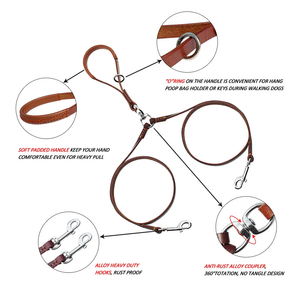 Didog 2 Way Real Leather Dog Double Leash Coupler Leashes for Two Twin Dogs Black Brown