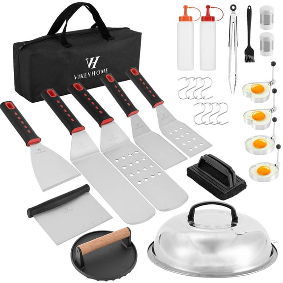 28PCS Griddle Accessories Kit, Flat Top Grill Accessories Set for Blackstone and Camp Chef, Grill Spatula Set with Enlarged Spatulas,Round Bacon Press, Basting Cover, Scraper for Outdoor BBQ
