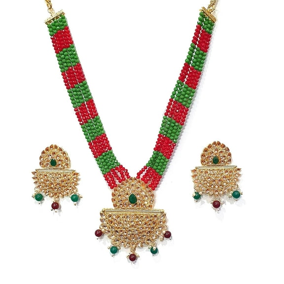 Artificial Imitation Gold Jewellery Antique Traditional Stylish Gold Plated Meenakari Kundan Beaded Long Rani Haar Necklace & Earrings Set (NRA RH172 Cpy2)