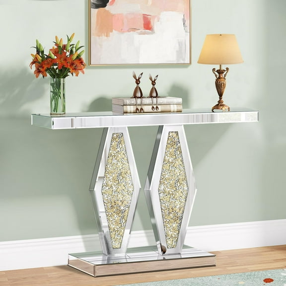 Modern Mirrored Entryway Console Tables with Gold Crushed Diamond Inlay, 39.37" Long Silver Hallway Table for Entryway, Glam Glass Foyer Table for Home Decor