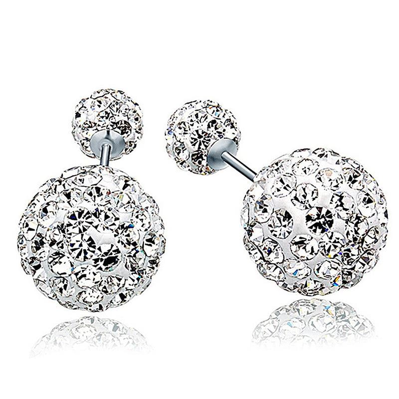 Fashion Womens 925 sterling Silver Double Crystal Ball Ear Stud Earrings Jewelry 