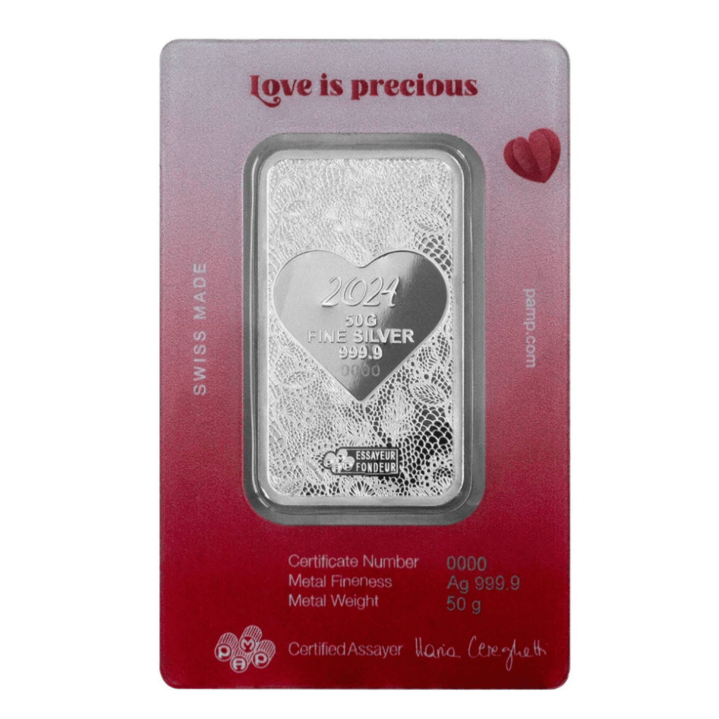 2024 Pamp Love is Precious Heart Holographic 50 Gram Silver Bar in Assay