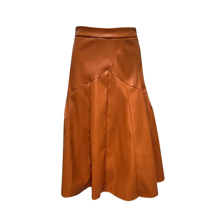 APEXFWDT Women's Faux Leather High Waist Pleated Flare Midi
