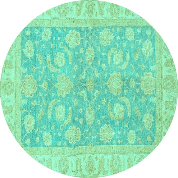 Ahgly Company Machine Washable Indoor Round Oriental Turquoise Blue Traditional Area Rugs, 3' Round