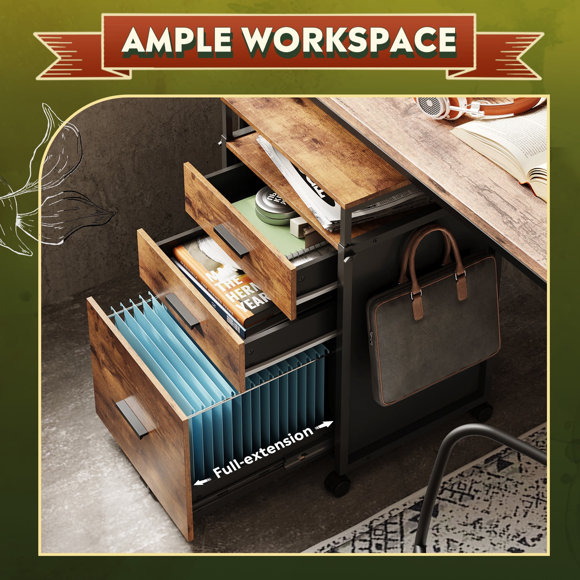 GALAXHERO Wood File Cabinet with 3 Drawers, Mobile Printer Stand with Adjustable Height for Home Office, Rustic Brown