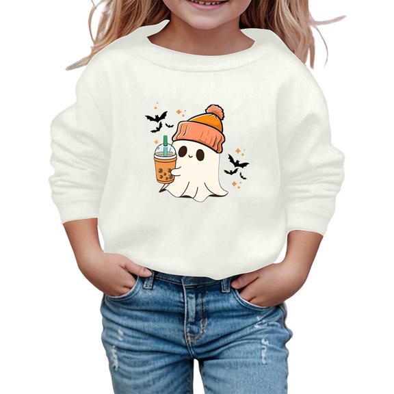Wuxian Boys Girls Halloween Sweatshirt Pullover Cute Ghost Pumpkin Graphic Print Top Shirt Crewneck Long Sleeve Casual Loose Tops,White,9-10 Years