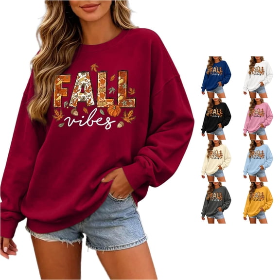 Xijirk Women Crew Neck Sweatshirt Long Sleeve Relaxed Drop‑Shoulder Fall Leaf Pumpkin Letter Print for Autumn Casual Loungewear Street Daily Wear,3Red,XL