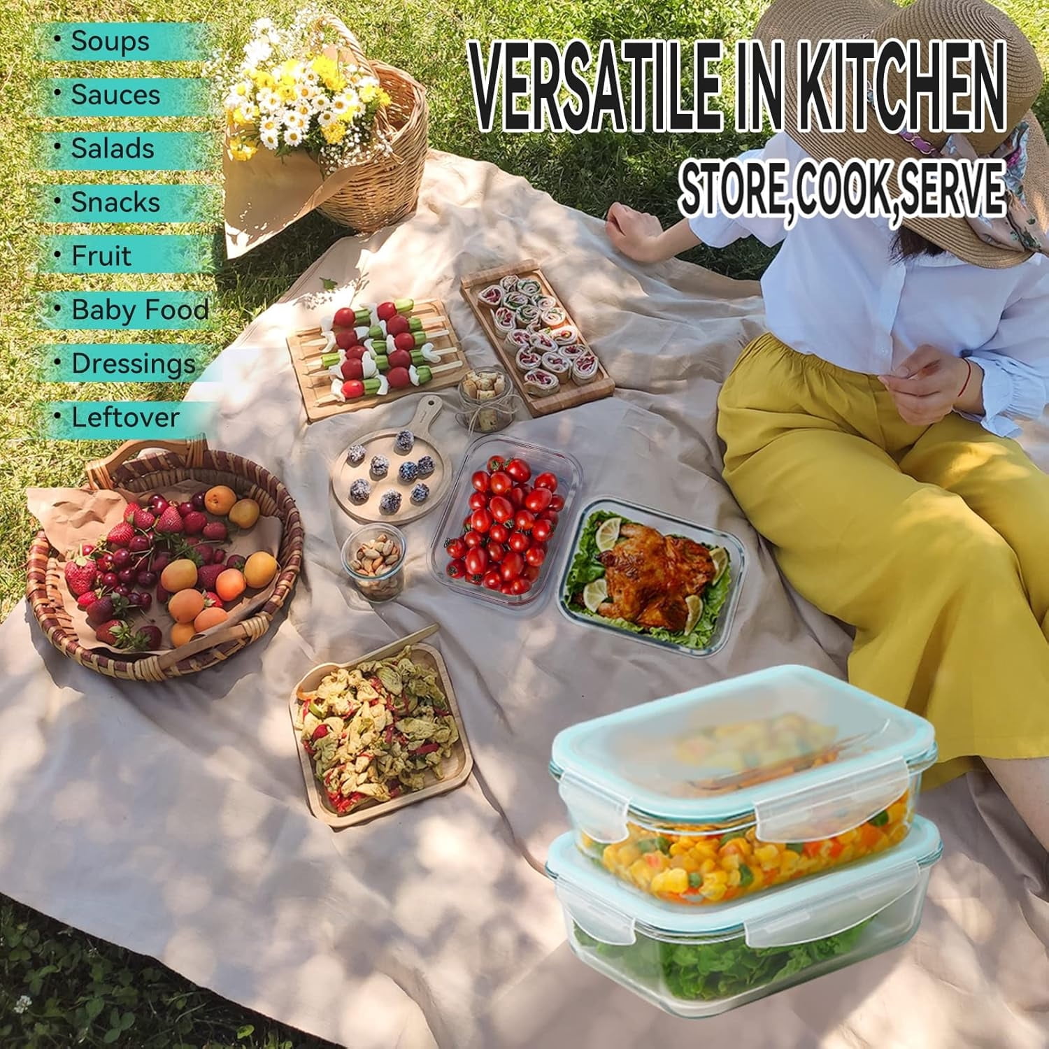 Glass Containers 2 Set Food Storage Containers with Airtight Lids Clear Meal Prep Container /Bento Boxes/Lunch Containers for On the Go Leftover Freezer Fridge Microwave, Dishwasher Safe, BPA Free