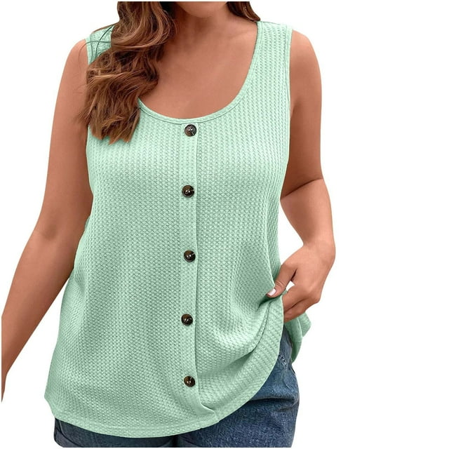 WRKEKC Womens Tank Tops Solid Color Crew Neck Pocket Button Front Plus Size Summer Tank Casual Loose Fit Lightweight
