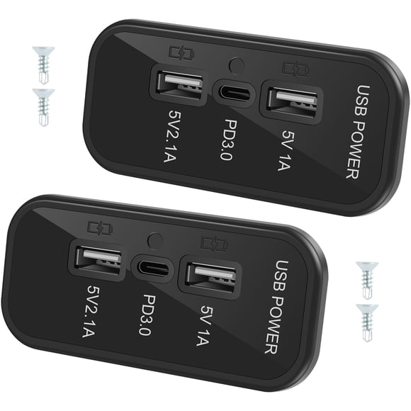 NUAHRHY 2Pcs RV USB Outlet 3 Ports 45.5W 12V Wall Mount USB Outlet with Light USB-C PD 3.0 Quick Charge and Double USB A Port Versatile Car USB Socket Charger Adapter for RV Car Truck Bus Boat