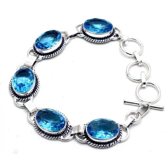 Blue Topaz Gemstone 925 Sterling Silver Handmade Jewelry Bracelet Size-7-8"