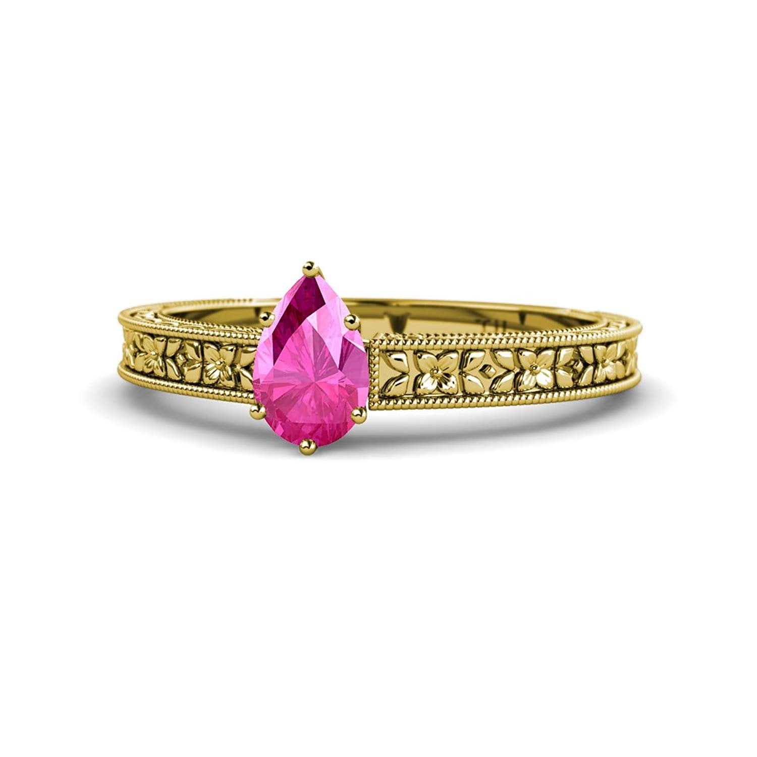 Pink Sapphire 7x5mm Pear Floral Engraved Solitaire Engagement Ring 0.79 Carat 14K Yellow Gold.size 4.75 by TriJewels
