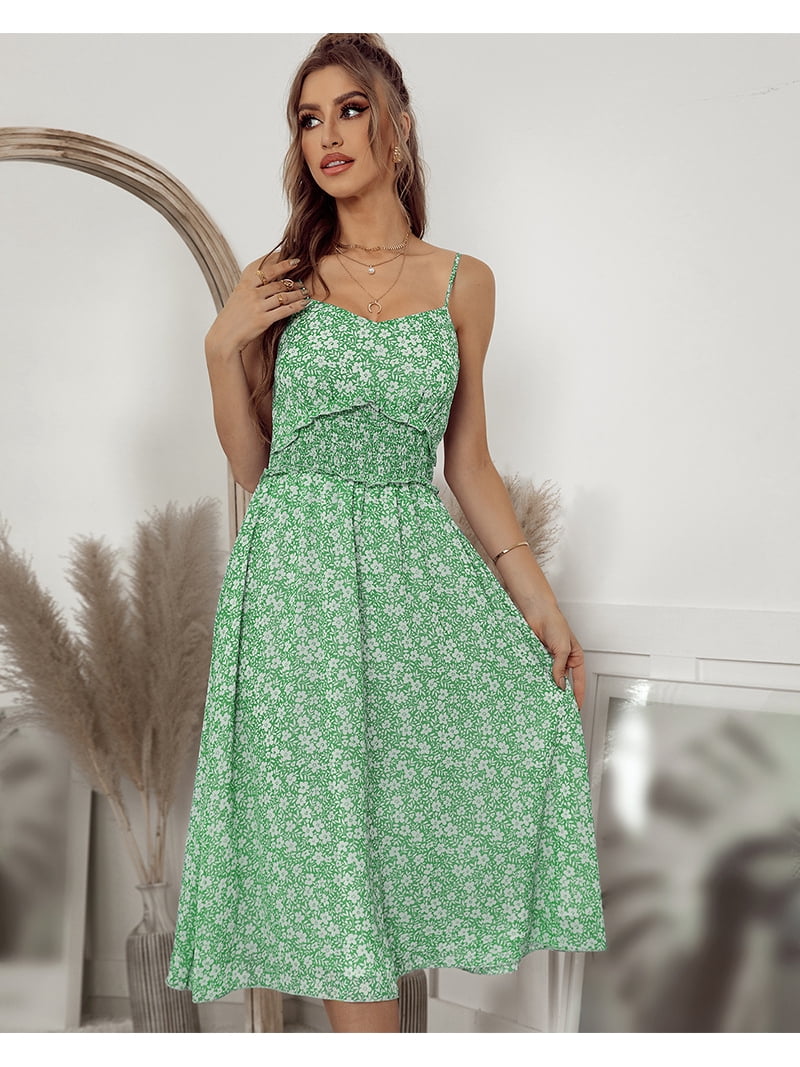 Ruffle Waist Floral Print Summer Dress for Women Below Knee Length