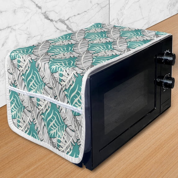 Leaves Microwave Oven Cover, Botanical Theme Abstract Tropical Banana Leaf and Branches Motifs on Teal Background, Water Resistant Organizer with Pockets Kitchen, 36" x 12", Multicolor, by Ambesonne