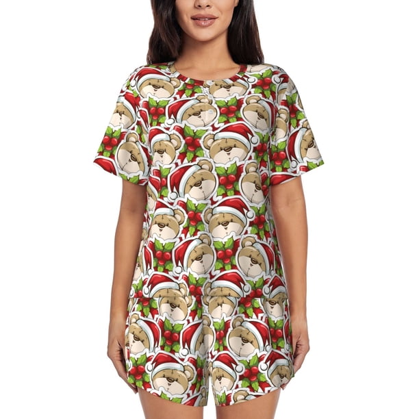 Fotbe Christmas Hat bear Conjunto de Pijama Estampado para Mujer, 2 Piezas, Ropa de Dormir con Camiseta de Manga Corta y Shorts Suaves-Small