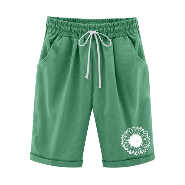 Pantalones casuales de lino y algodón de talla grande con estampado de cinco puntos para mujer Pompotops ulkah938124