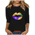 thumbnail image 3 of Jinhomg Funny Mardi Gras Shirt for Women 2025 Fancy Carnival Themed Lips Graphic Tops Plus Size 3/4 Sleeve Parade Pullover Ladies Holiday Party Tees Black L, 3 of 6
