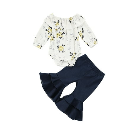 

Qtinghua Newborn Baby Girls Clothes Floral Ruffle Collar Long Sleeve Romper+Layered Denim Flare Pants Fall Winter Outfits White 6-12 Months