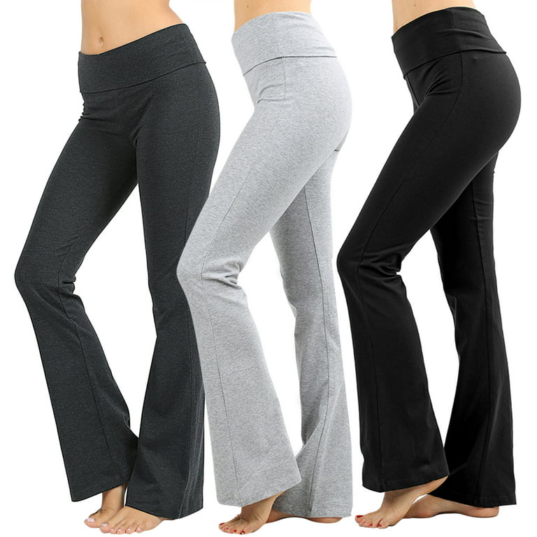 Womens & Plus Stretch Cotton Foldover Waist Bootcut Workout Yoga Pants  (3PK: BLACK/CHARCOAL/H GREY, 1X)