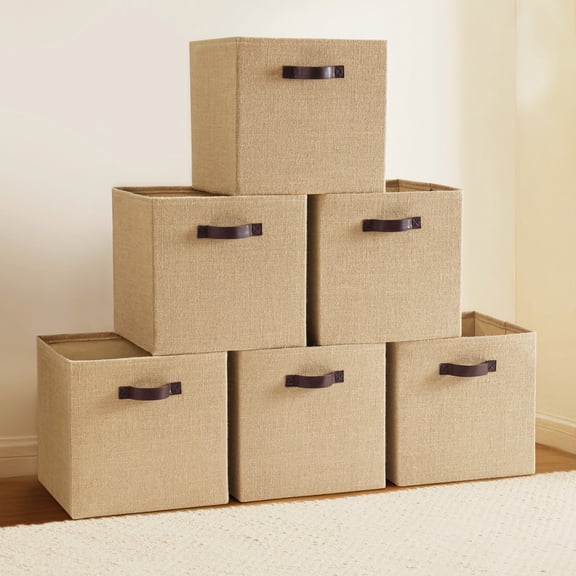 Ornavo Home 13 x 13 Storage Cube Bins, 6 Pack Jute Baskets, Fabric Storage Bins Shelf Basket Cube Organizer for Closet Foldable Collapsible with Leather Handles