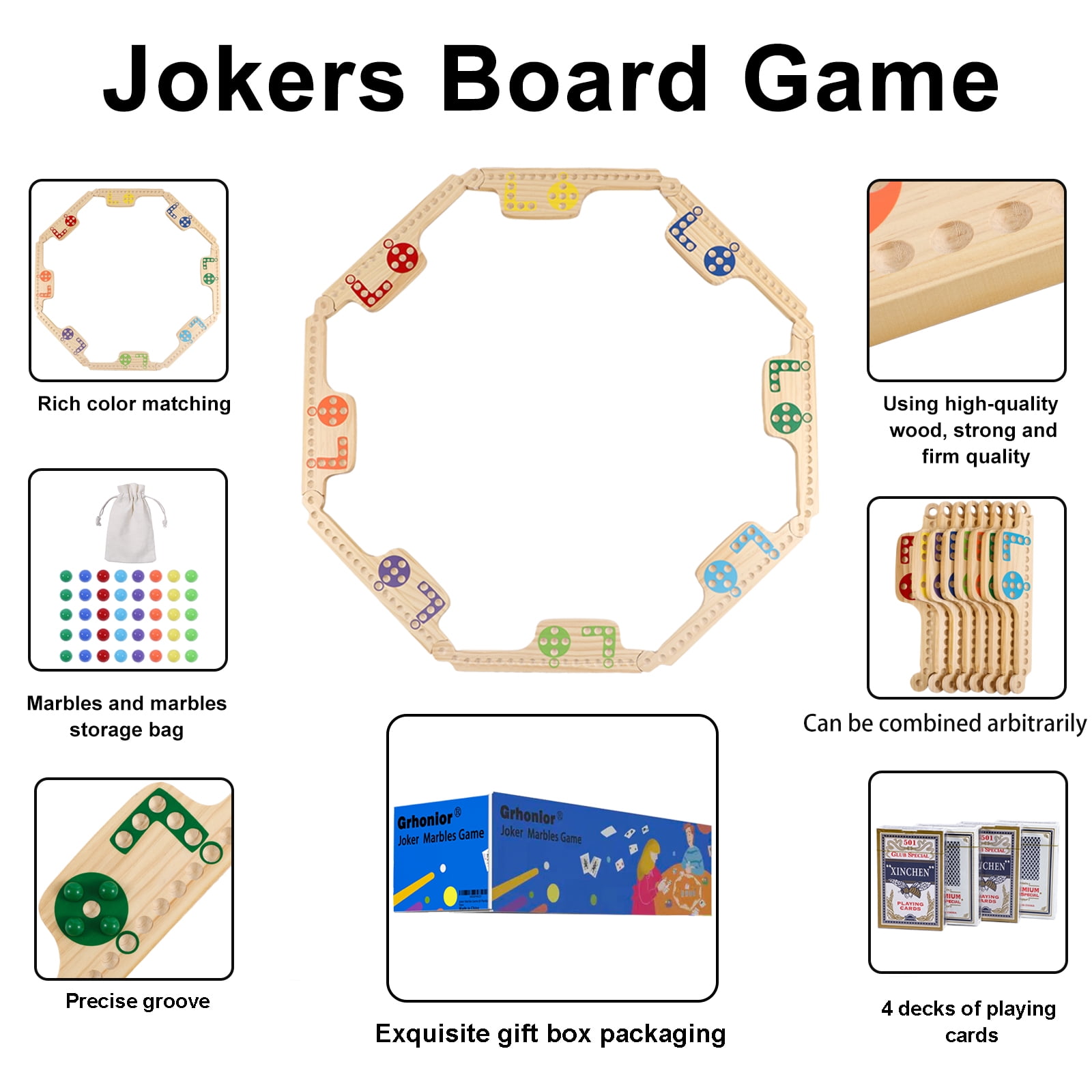 Grhonior Upgraded Version Interlocking Marbles and Jokers Board Game,Wood,Multiplayer Portable, 2-8 Player, 1 Pack