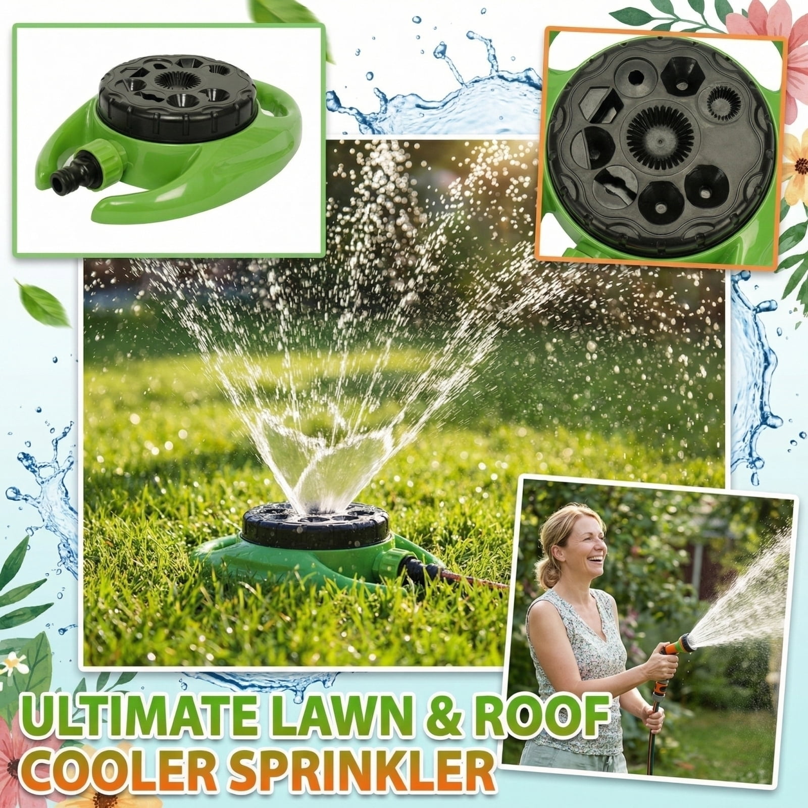 Oscillating Lawn Sprinkler, Water Irrigation System for Garden, 360 Degree, Hose Connection, Landscaping Work, Backyard Irrigation, Black Green, 1 Pc