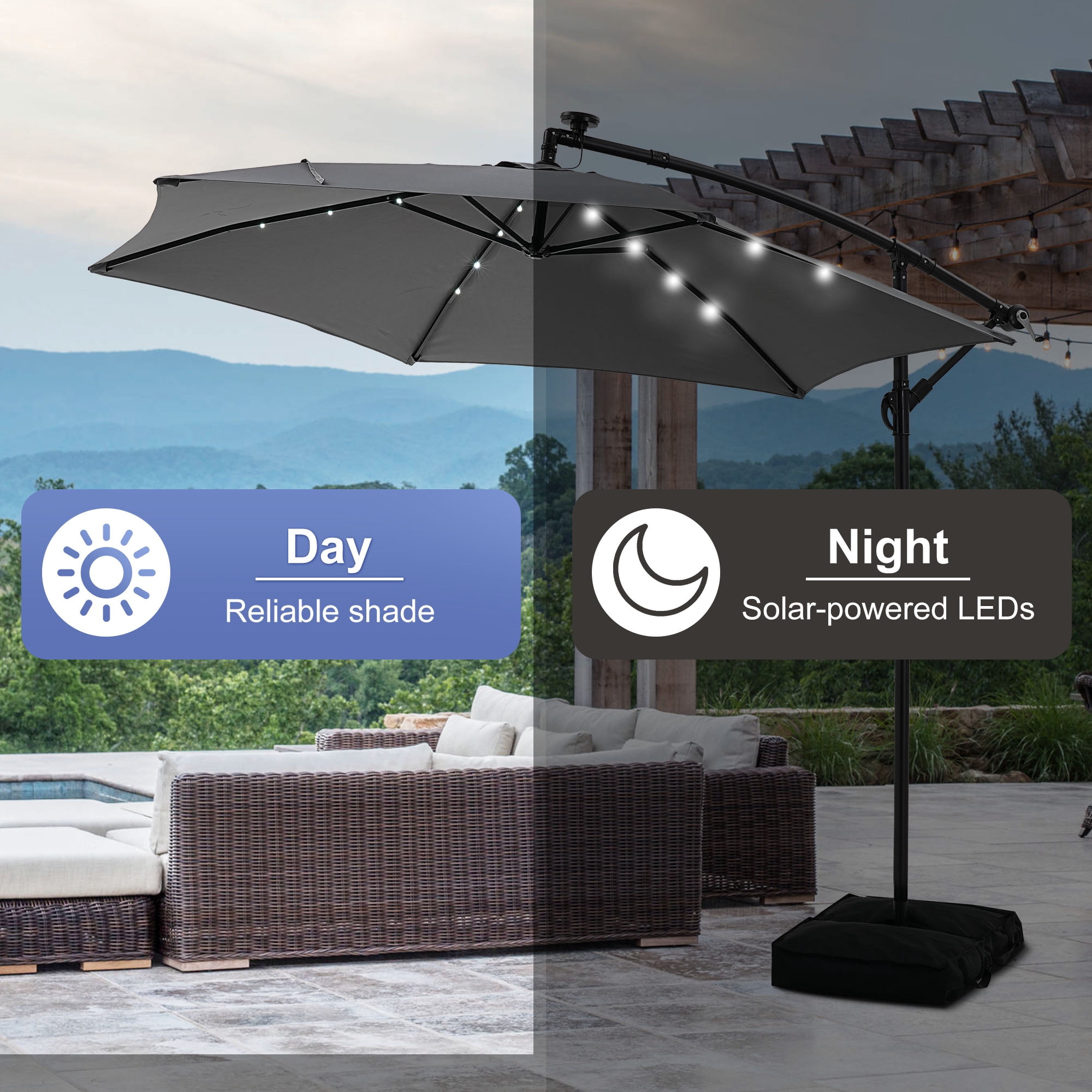 Autlaycil 5 Pcs Patio Outdoor Furniture Sets Contains 2 Textilene Fabric Rocking Bistro Chairs, Table, 10' Solar Cantilever Umbrella and Cross Base with Sandbag, Grey