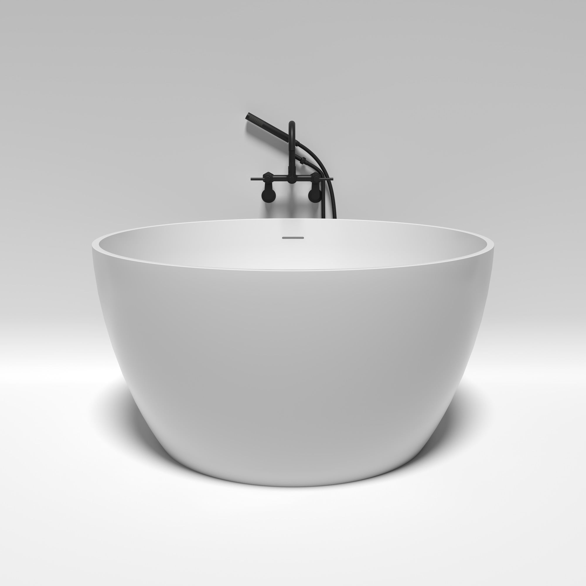 Kingston Brass KRTRO4545150DL 45-Inch Solid Surface Round Double Ended Freestanding Tub with Faucet Combo and Drain in Matte Black