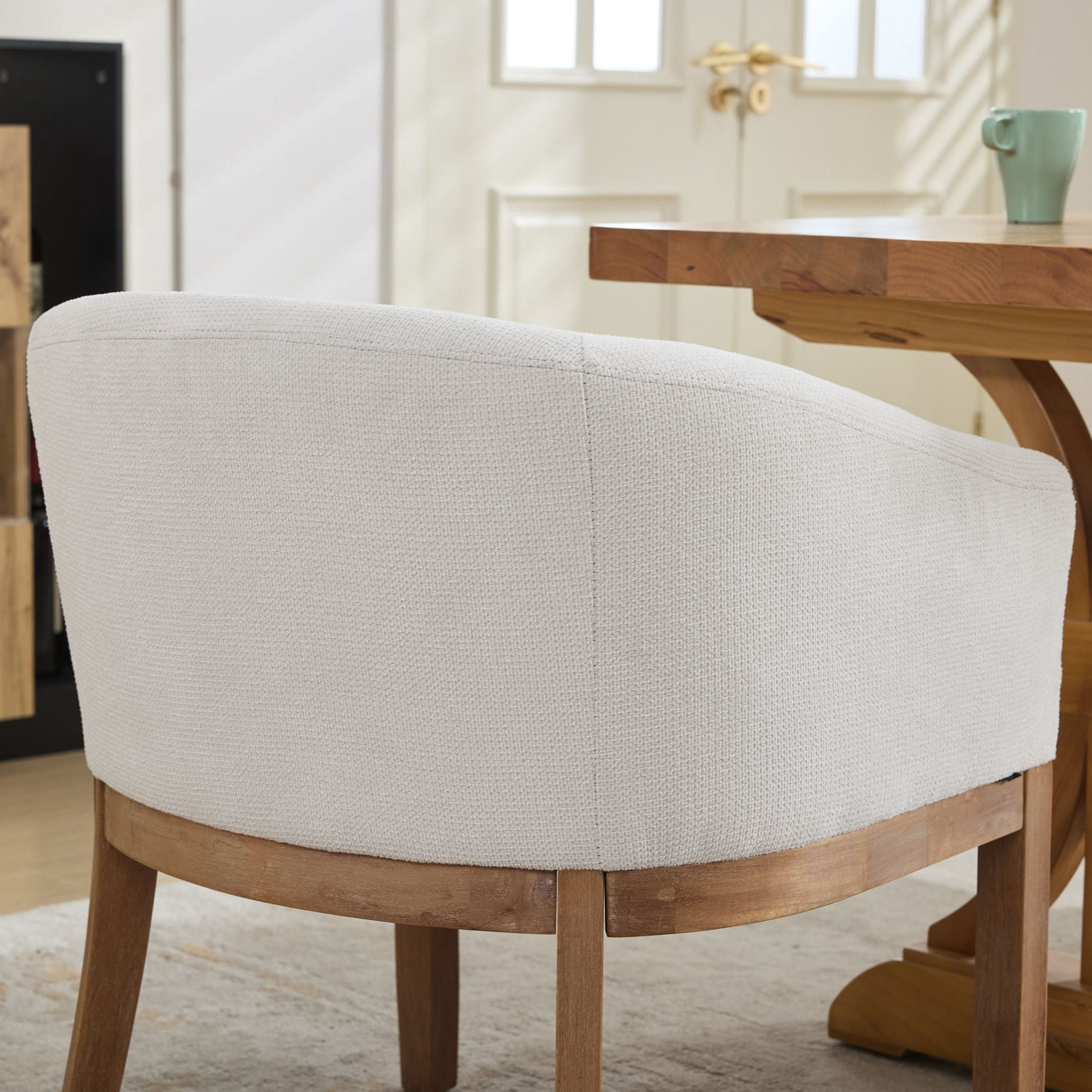 Noble House Barrel Dining Chair with Arms, Linen Upholstery, Rubberwood Frame, Beige