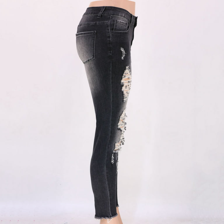 YYDGH Women Skinny Ripped Jeans Stretch Distressed Destroyed Denim Pants  Black XL 