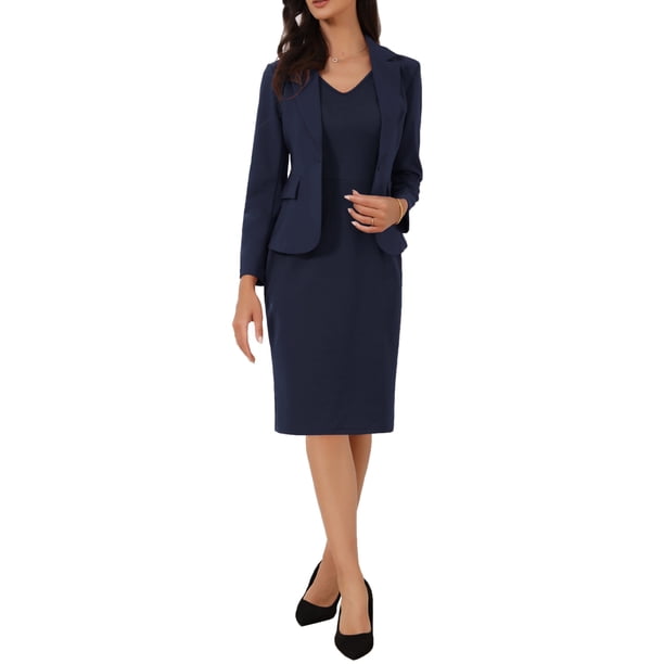 Conjuntos de Traje INSPIRE CHIC para Mujeres, 2 piezas, Blazer de Trabajo Sólido con Escote en V, Vestidos L Azul Oscuro