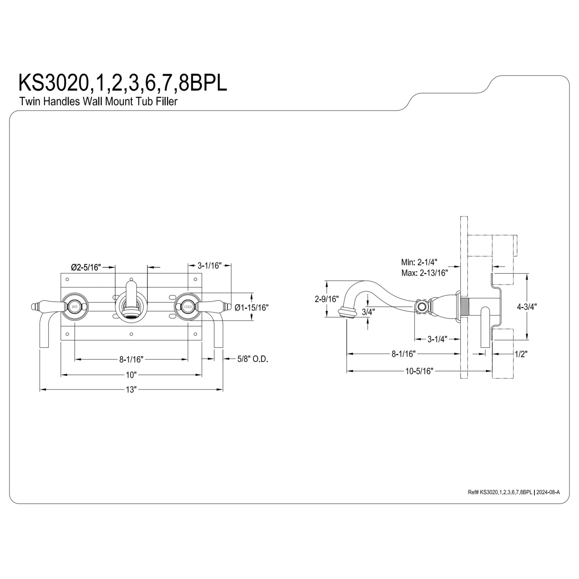 Kingston Brass KS3027BPL Bel-Air Two-Handle Wall Mount Roman Tub Faucet, Brushed Brass