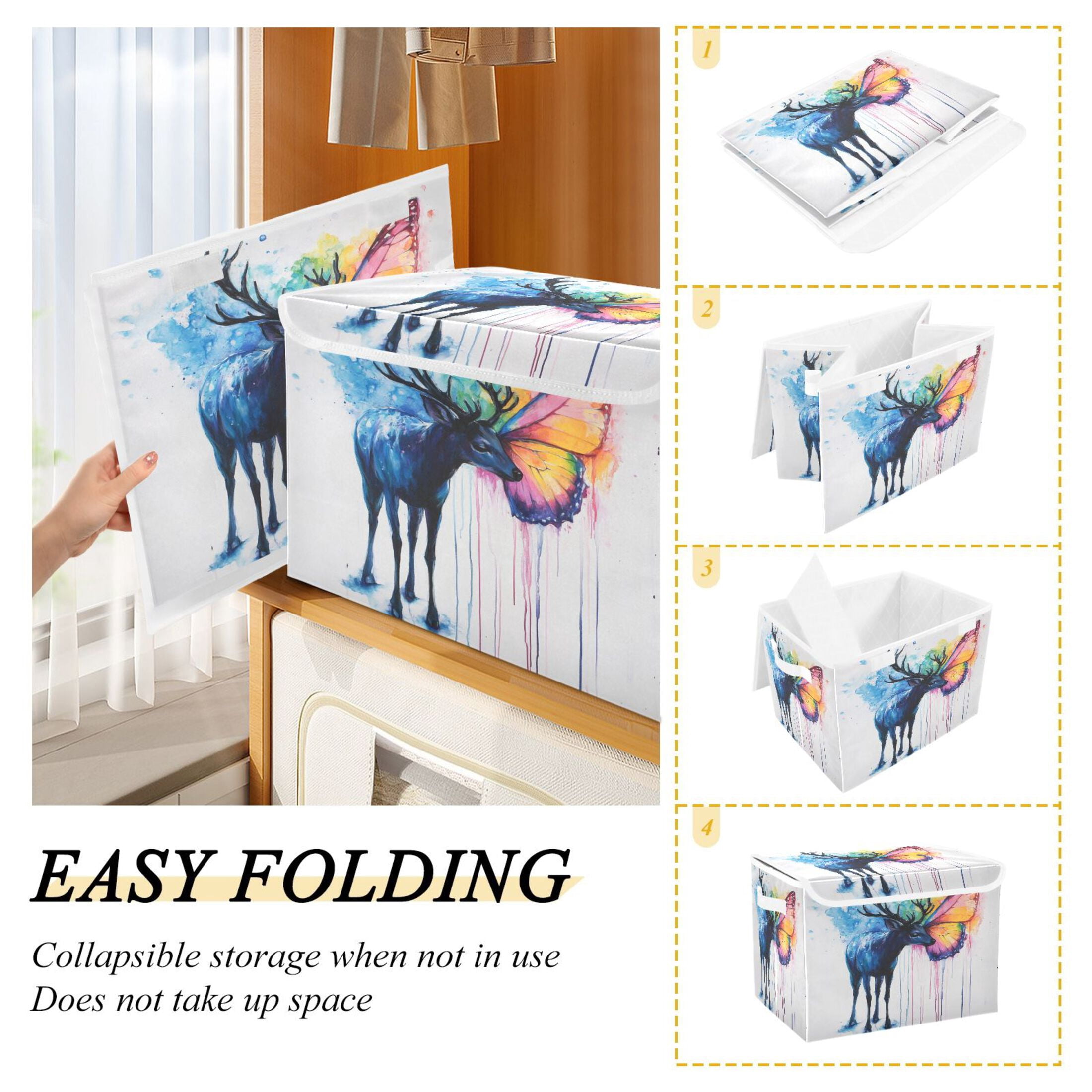 Storage Box With Lid 16.5x12.6x11.8In Foldable Stacked Household Storage Box Color Deer Butterfly Picture