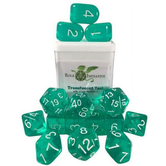 Role 4 Initiative Polyhedral Dice - Translucent Teal w/White, Arch'd4 (15) New