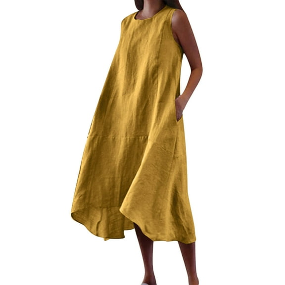 Cotton Linen Dresses for Women 2026 Sleeveless Round Neck Midi Dress Flowy Solid Color Beach Dresses Summer Casual A-Line Dress