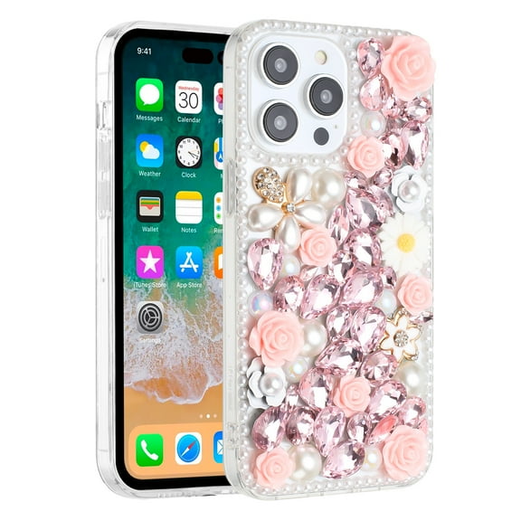 For Apple iPhone 15 Plus (6.7") Fashion Rose Flower Floral Bling Crystal 3D Full Diamonds Pearl Sparkle Rhinestone Hybrid Cover ,Xpm Phone Case [ Pink ]
