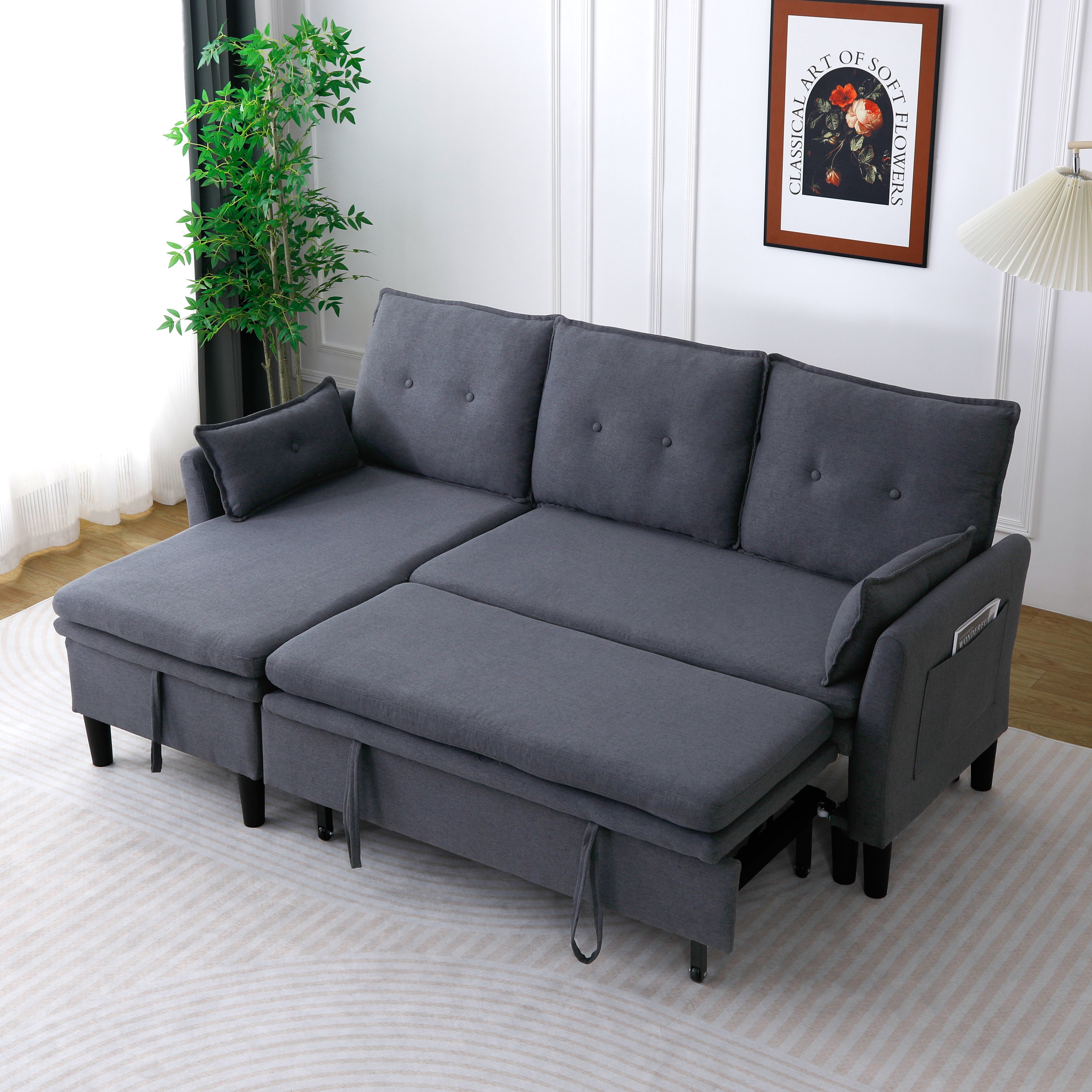 Gewnee L-Shaped Sectional Sofa,Reversible Chaise with Storage,Pull-Out Type Sofa Bed.Suitable for Apartments & Offices.Dark Grey