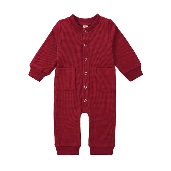 EnJoCho Kids Fall Solid Romper Toddler Boys Girls Long Sleeve Button Jumpsuit Winter Ribbed Knit Bodysuit with Pocket Home Casual Sleep Outing Clothes