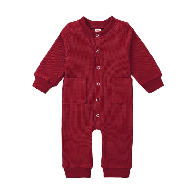 Gibobby pantalones siameses de pierna ancha de manga larga de invierno para niños y niñas, mono acanalado sólido para recién nacidos con bolsillo(Vino, 3-6 Meses)