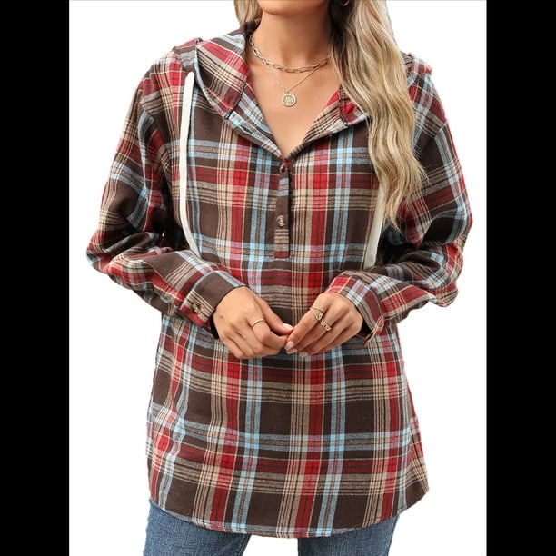 Sudadera con Capucha y Estampado A Cuadros para Mujer, Sudaderas Extragrandes, Camisetas de Larga, Corte Holgado Café M
