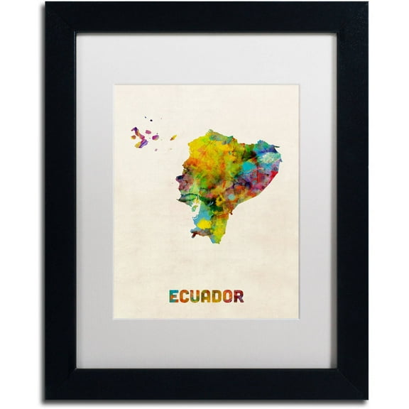 Trademark Fine Art "Ecuador Watercolor Map" Canvas Art by Michael Tompsett White Matte, Black Frame